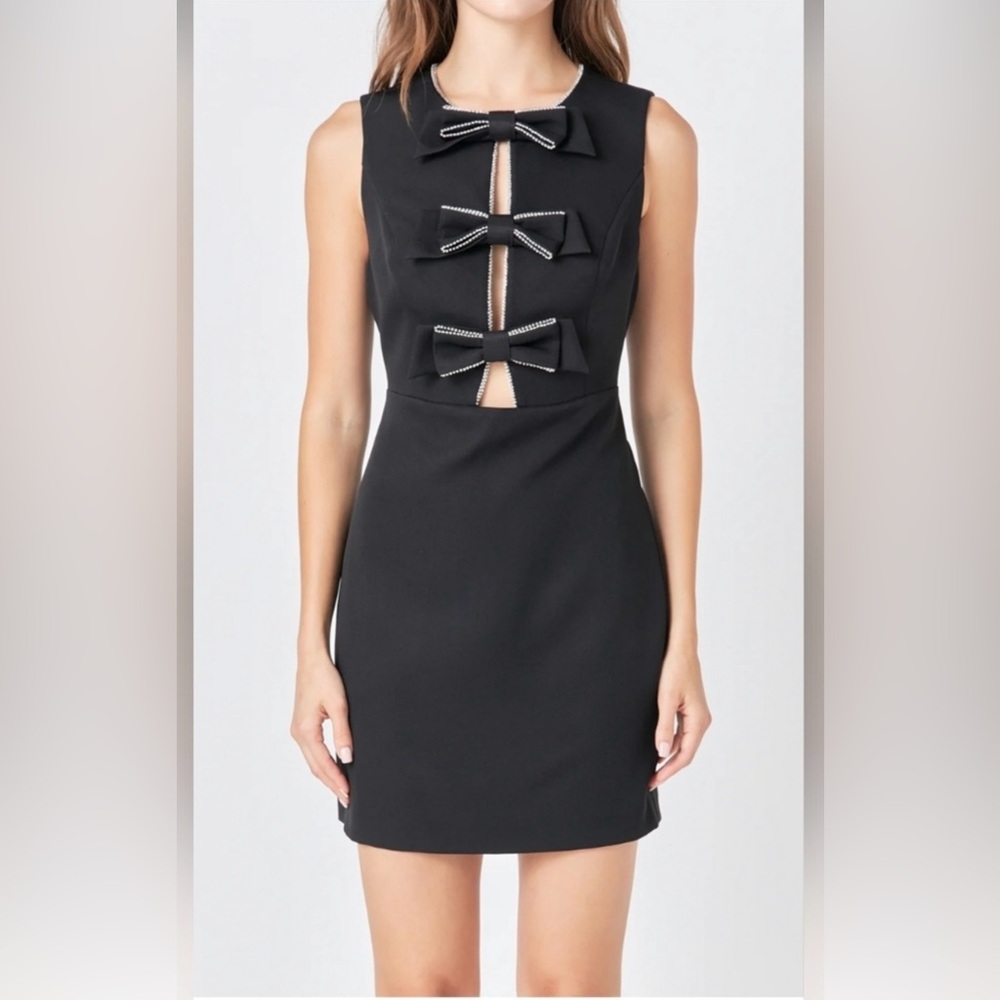New Endless Rose Rhinestone Bow Mini Dress/Black